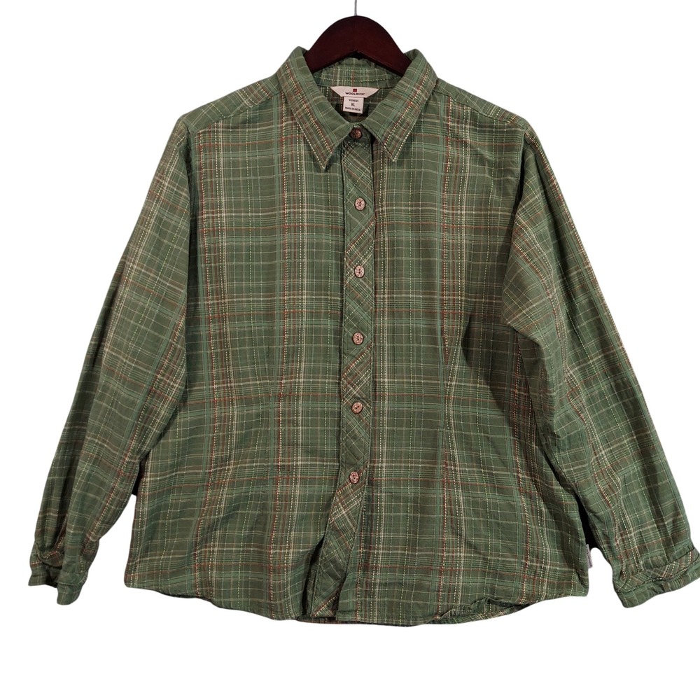 Woolrich Button Down Shirt Womens XL Green Plaid Cotton Long Sleeve Textured